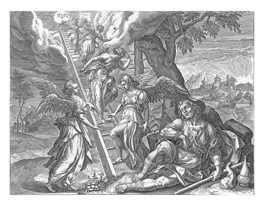 Yakup 'un merdiveni, Maerten de Vos, 1639 Jakob bir taşın üzerinde uyuyor ve bir merdivenin cennete ulaştığını ve meleklerin oraya inip indiğini hayal ediyor. Merdivenin başında tetragrammaton var..