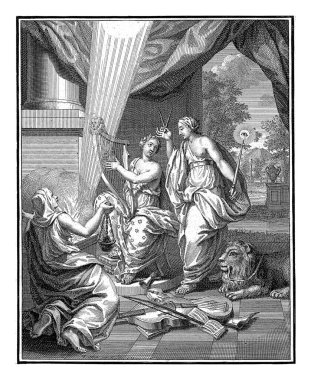 İki kinayeli kadın, Frederik Ottens, 1726. Yıldız elbiseli bir kadın arp çalıyor. Yanında elinde pusula olan ikinci bir kadın var..