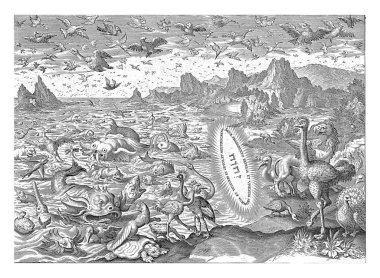 Kuşların ve deniz yaratıklarının yaratılışı, Johann Sadeler (I), Maerten de Vos 'tan sonra, 1639 Ön planda Baba bir tetragrammaton şeklinde.