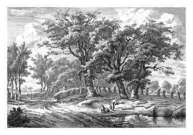 Hendrik Schwegman, Egbert van Drielst 'ten sonra, 1771 - 1816 Cornfields, ağaçlarla kesişmiştir. Bir kadın su kenarında demet bağlıyor..