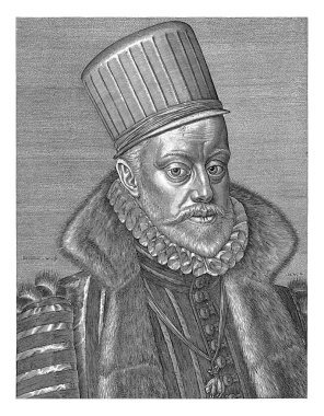 İspanya Kralı II. Philip 'in portresi, 59 yaşında, Hieronymus Wierix, 1586' da Altın Post Nişanı ile bir kurdele takıyor..