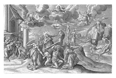 İnsanlığın kurtuluşu alegorisi, Hieronymus Wierix, Yakup de Backer 'dan sonra, 1563 - 1586' dan önce Adem ve Havva üç ilahi erdemi kişileştirerek kanun masalarından alınır..