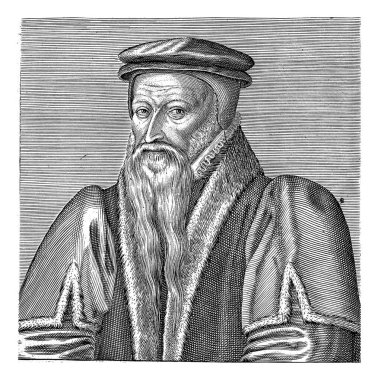 Theodorus Beza 'nın portresi, Hendrick Hondius (I), Theodorus Beza' nın 1599 büstü. Portrenin altında Latince dört satır ve isim var..
