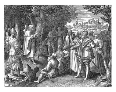 H. Sebaldus van Nuremberg bir münzevi olarak, Jan van Londerseel, Maerten de Vos 'tan sonra, 1580 - 1625 Saint Sebaldus, Nuremberg yakınlarında kurulan bir keşiş, bir grup izleyiciye vaaz verdi..