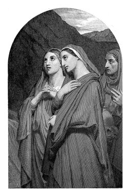 Yas tutan kadınlar, Willem Frederik Wehmeyer, 1842 - 1873 İki genç ve bir yaşlı kadın bir dağ manzarasında resmedildi..