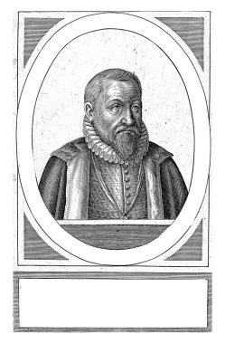 Jan Sloot 'un portresi, Hendrick Hondius (I), 1608 Bust Jan Sloot' un sağında, oval bir çerçevede, Latince adı ve başlığı yazılı bir yazı var..