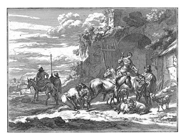 Jan de Visscher 'dan, Nicolaes Pietersz' den sonra anonim bir eşekle ayakkabı giyen bir Farrier. Berchem, 1699 - 1756 Dağlık bir arazide bitki örtülü bir binanın önünde, bir nalbant bir eşeğe ayakkabı giydiriyor..