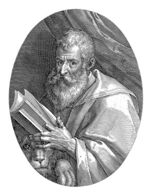 Evangelist Marcus, Crispijn van de Passe (I), Gortzius Geldorp 'un ardından, 1574 - 1637 Evangelist Marcus' un büstü, açık bir kitap. Yanındaki aslanın özellikleri..