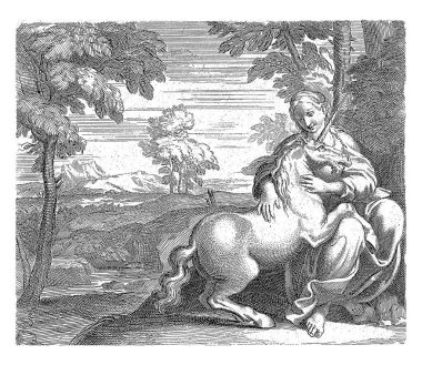 Tek boynuzlu genç bir kadın, Annibale Carracci 'den sonra, Domenichino' dan sonra, 1602 'de ya da 1602' de kucağında tek boynuzlu bir atla oturan genç bir kadın..