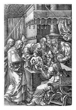 İsa 'nın sünneti, Johannes Wierix, Pieter van der Borcht (I)' den sonra, 1573, Başrahip İsa 'yı tapınakta sünnet eder. Mary sunağın yanında duruyor. Seyirciler izliyor.