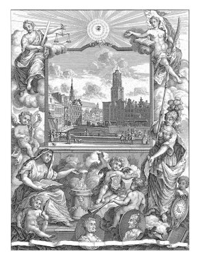 Utrecht 'in alegorik görüntüsü, Noach van der Meer (I), Gerard Melder' den sonra, 1745 Utrecht manzarası, Dom Tower ile sağda..