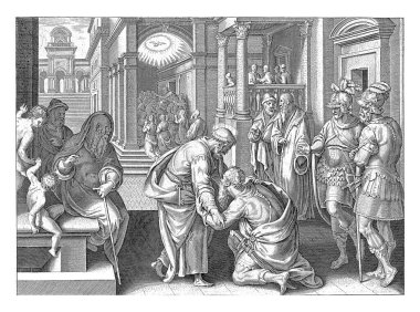 Cornelius Peter 'ın önünde diz çöker, Philips Galle' den sonra, Jan van der Straet 'in ardından, 1646' da Cenion Cornelius havari Peter 'ın önünde diz çöker, ama Peter onu ayağa kalkmaya zorlar çünkü o sadece bir insandır..