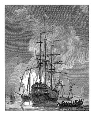 1824 'te Johannes Christiaan Schotel' den sonra, Philippus Velijn adlı yanan bir geminin yanındaki, ütülenmiş yelkenli bir teknenin yanındaki bir yelkenlideki figürler..