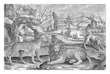 Aslanlar ve Leoparlar, Adriaen Collaert, 1595 - 1633 İki aslan ve bir leopar önde. Arka planda bir nehir manzarası.