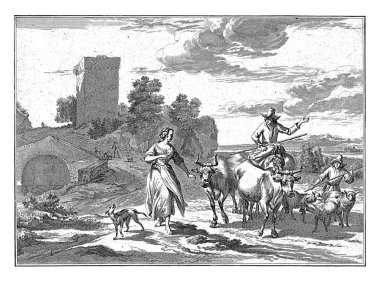 Shepherd at sırtında ve sürüsü olan bir çocuk, Jan de Visscher 'dan sonra, Nicolaes Pietersz' den sonra. Berchem, 1699 - 1756 Ata binen bir çobanla birlikte yuvarlanan bir manzaranın görüntüsü.