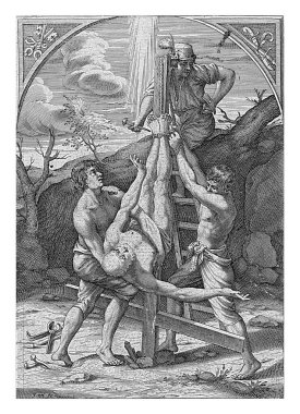 Peter 'ın çarmıha gerilmesi, Hieronymus Wierix, Guido Reni' den sonra, 1605 - 1619 Peter üç adam tarafından çarmıha gerildi, kafası eğik. Kenarında Latince üç satırlık bir başlık.
