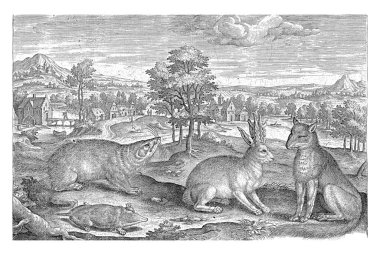 Ormandaki hayvanlar, Adriaen Collaert, 1595 - 1599 Ön planda bir tilki, bir köstebek, bir porsuk ve bir boynuzlu tavşan. Arka planda bir köy manzarası.