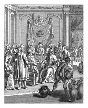 Cana 'da düğün, Christiaan Hagen, 1670 - 1672 İsa, düğün sırasında masada oturan, kavanozları suyla doldurma emri verir,.
