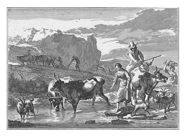Jan de Visscher 'dan sonra, Nicolaes Pietersz' den sonra isimsiz bir şekilde taşların üzerinde yürüyen genç bir kadın. Berchem, 1699 - 1756 Dağ manzaralı çobanlar ve çiftçiler.