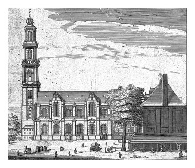 Amsterdam 'daki Westerkerk manzarası, Jan Veenhuysen, 1664 Amsterdam' daki Westerkerk manzarası. Kilisenin önünde çeşitli figürler var..