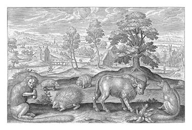 Farklı hayvanlar, Adriaen Collaert, 1595 - 1599 Ön planda bir tilki, bir maymun, bir kirpi, iki kirpi ve bir bizon. Arka planda bir köy manzarası.