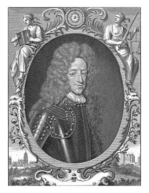 Zırhlı Rosendael Lordu Jan van Arnhem 'in portresi. Resmin her iki tarafında Jusitita ve kitap okuyan bir kadın var. Portrenin altında bir slogan var: 