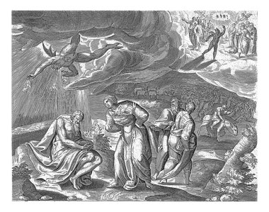Eyüp yaralarla kaplıydı, Jan Snellinck (I), 1585 Cennette şeytan Tanrı 'dan Eyüp' ü test etmesini ister. Sonra şeytan şeytanı Eyüp 'ün üzerine saldı. İş çöplükte oturur ve derisi yaralarla kaplıdır..