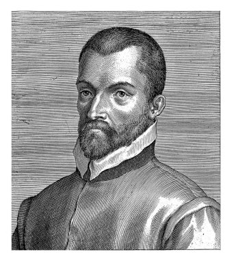 Jan Lievens 'in portresi, Antwerp rahibi. Sola kır. Baskının başlığı Latince ve başlığı ünlü Hollandalı ve Flaman alimler tarafından hazırlanan bir serinin parçasıdır..
