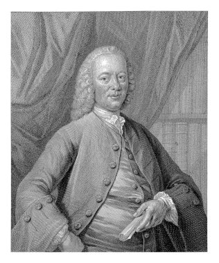 Bernardus de Bosch 'un yarım boy portresi perdenin önünde, arkasında bir kitaplıkla. Sol elinde rulo yapılmış bir kağıt parçası var. Portrenin altında onun adı için boş bir alan var..