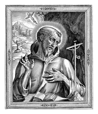 Assisi 'li Aziz Francis, Hieronymus Wierix, Philips Galle' den sonra, 1563 - 1610 'dan önce, Küçük Keşişler veya Fransiskenler tarikatının kurucusu Assisi' li Aziz Francis.
