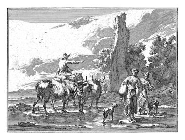 Bir nehirde çoban ve çoban kızları, Jan de Visscher 'dan sonra, Nicolaes Pietersz' den sonra. Berchem, 1699 - 1756 Bir nehirde, at sırtında bir çoban.