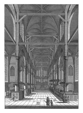 Amsterdam 'daki Oude Kerk' ün içinde, batıya bakan Jan Goeree, 1680 - 1731 Amsterdam 'daki Oude Kerk' ün iç mekanı. Kiliseye gidenler ön tarafta..