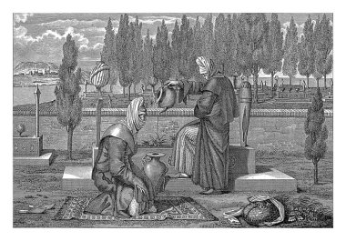 İslam mezarlığındaki bir mezarda ayin, Daniel Vrijdag, Caraffe 'den sonra, 1780 - 1822 iki peçeli kadın bir mezarda ayin yapıyor. Bir tanesi halıda dua ediyor..