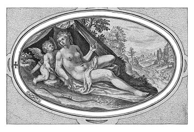 Venüs, Crispijn van de Passe (I), 1592 Venüs ve yoldaşı Amor ile manzara. Çerçevede, Paris 'in Hükmü' nde Venüs 'ün oynadığı role atıfta bulunan Latince bir yazı var..