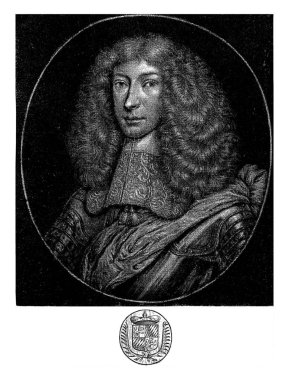 Palatinate 'den Charles Louis' in portresi, Somer 'den John, 1669 Charles Louis, Dostların Seçmeni. Kenar boşluğunda aile arması, isim ve unvanlar var..