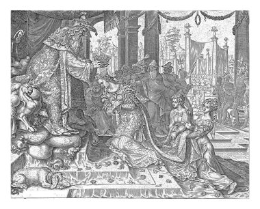 Esther 'in taç giyme töreni, Philips Galle, Maarten van Heemskerck' ten sonra, 1635 - 1640 yılları arasında Ahasuerus Esther 'i kraliçe ilan etti. Esther tahtının önünde diz çöker, bekleyen iki bayan elbisesinin trenini tutar..