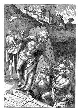 Matkap Öncesi İsa, Antonie Wierix (II), Maerten de Vos 'tan sonra, 1583 - 1587, ölümünden sonra, İsa önceden talim yapılmıştır. Cehennemin kapılarına ulaşır ve isimsiz kişilere ulaşır..
