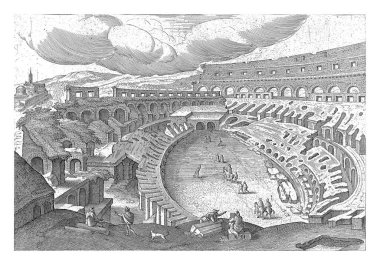 Kolezyum manzarası, Hendrick van Cleve, 1585 Colosseum harabelerinin manzarası, yukarıdan. Önplanda çevreyi çizen bazı sanatçılar.