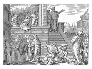 Peter Kudüs 'te vaaz veriyor, Claes Jansz. Visscher, Philips Galle 'den sonra, Maarten van Heemskerck' ten sonra, 1643 - 1646 Arka planda İsa 'nın havarileri Kutsal Ruh tarafından ziyaret edilir..