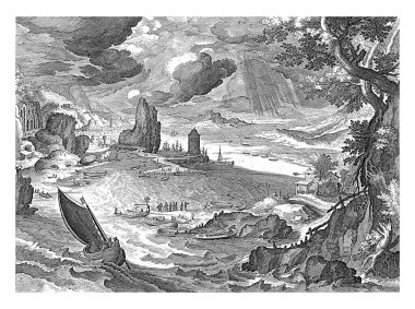 Bir yelkenli gemisiyle kıyı manzarası, Raphael Sadeler (I), Paul Bril 'den sonra, 1688 - 1727 Sahil manzarası ön planda bir yelkenli gemisiyle bir limana doğru yelken açıyor..