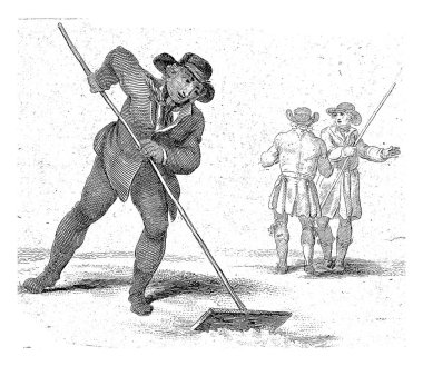 Kar temizleme aracı, anonim, 1700 - 1900 Bir adam kar temizleme aracı ile kar temizler. Arka planda iki adam var..