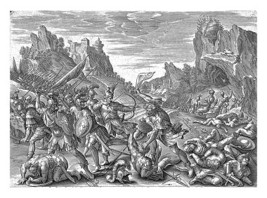 Samson slays the Philistines with an ass jaw, Antonie Wierix (II), after Maerten de Vos, 1585 Samson slays the Philistines with the jawbone of an ass. Below the performance a reference in Latin.