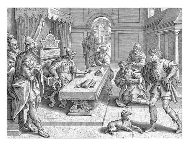 Bir hizmetçi kralının önünde diz çöker ve ona sabır göstermesi için yalvarır. Böylece on bin altın borcunu ödemek için biraz zamanı olur..