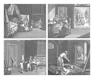 Ruhun özellikleri hakkında dört sahne, plaka 3, Jan Evert Grave, 1786 - 1806 İnsan ruhu hakkında dört sahne. Solda, yatakta hasta bir adamla, karısı tarafından bakılan bir yatak odasını işaretlemiş..