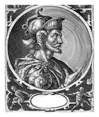 Dokuz Kahraman 'dan biri olarak Kral Joshua, Crispijn van de Passe (I), 1574 - 1637 Yahudi kahraman Kral Joshua. Altında adının yazılı olduğu bir kartuşla bir madalyonun içinde basılmış..