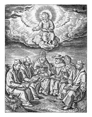 Rahipler tarafından İsa 'ya tapınma, Hieronymus Wierix, 1563 - 1619' dan önce altı din adamı İsa 'ya tapıyor..