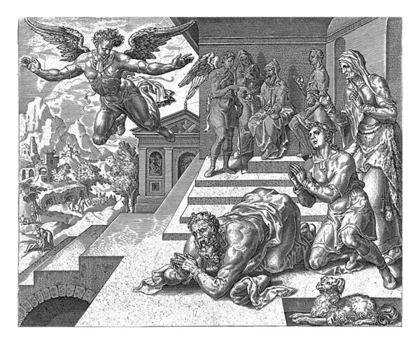Прощание с Архангелом Рафаилом, анонимным, после того, как Мартен ван Хемскерк, 1556 - 1633 Тобит и Тобиас преклонили колени на полу после того, как Архангел Рафаил дал о себе знать.
