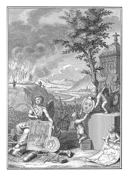 フランスの歴史 ジャン カスパー フィリップス 1771年の戦闘風景 手で絵を描いた前景の歴史とメダリオン — ストック写真