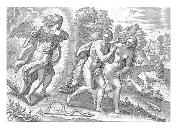 Expulsion from Paradise, Johann Sadeler (I), after Crispijn van de Passe (I), 1639 Adam and Eve cover their nakedness as they are driven from Paradise Earth by the angel with the flaming sword.