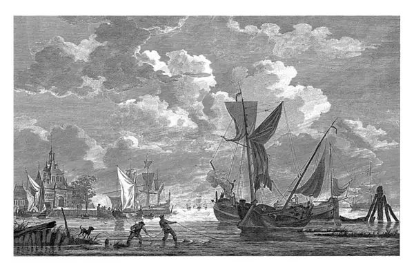鹿特丹港视图 Dirk Jong Kobell之后 1805年鹿特丹港视图 左手边有多艘船和港口门 — 图库照片